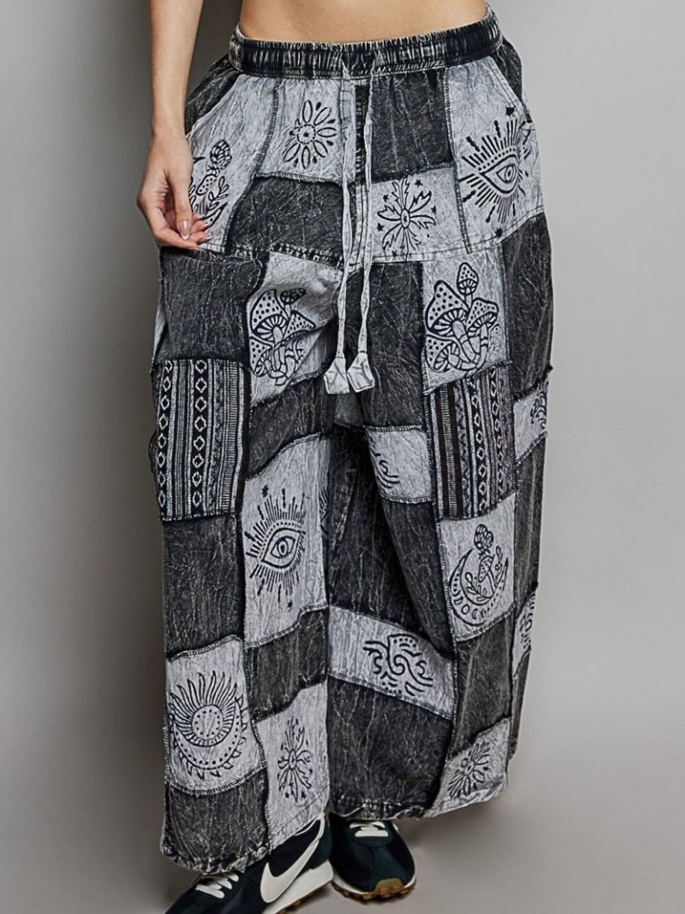 POL Drawstring Patchwork Wide Leg Pants